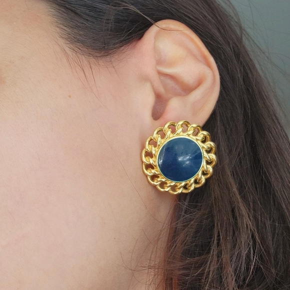 Vintage Monet Oversized Black Enamel Gold Stud Earrings - Picture 6 of 8